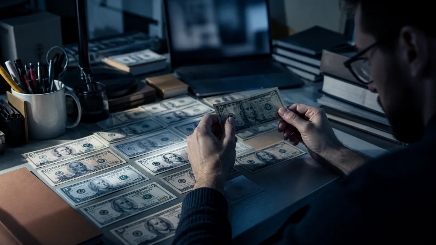 A person inspecting realistic prop money bills on a cluttered desk, emphasizing the article's focus on identifying reliable sources.