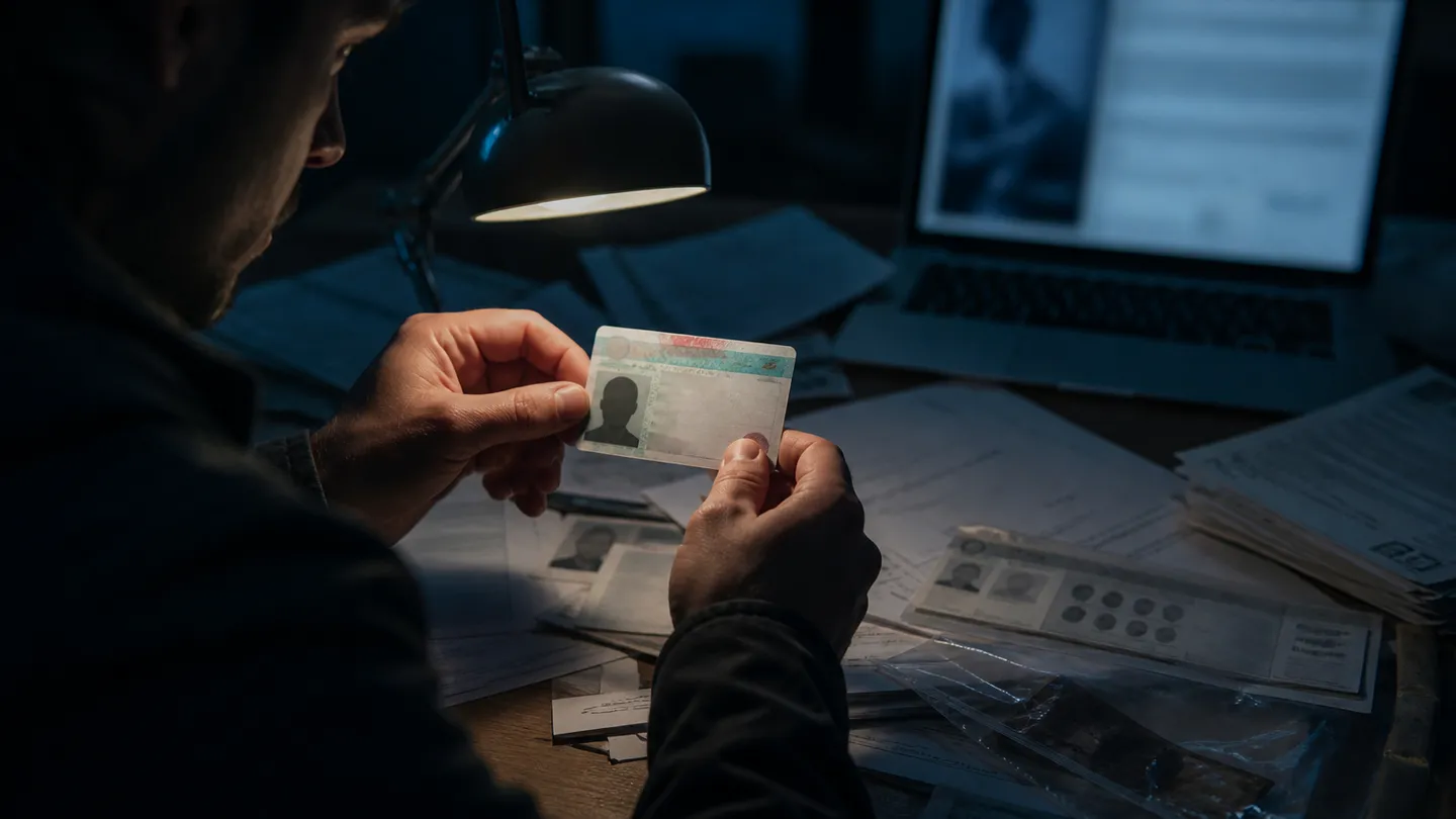 A person closely examining a fake green card in a dimly lit room, highlighting the legal risks involved.