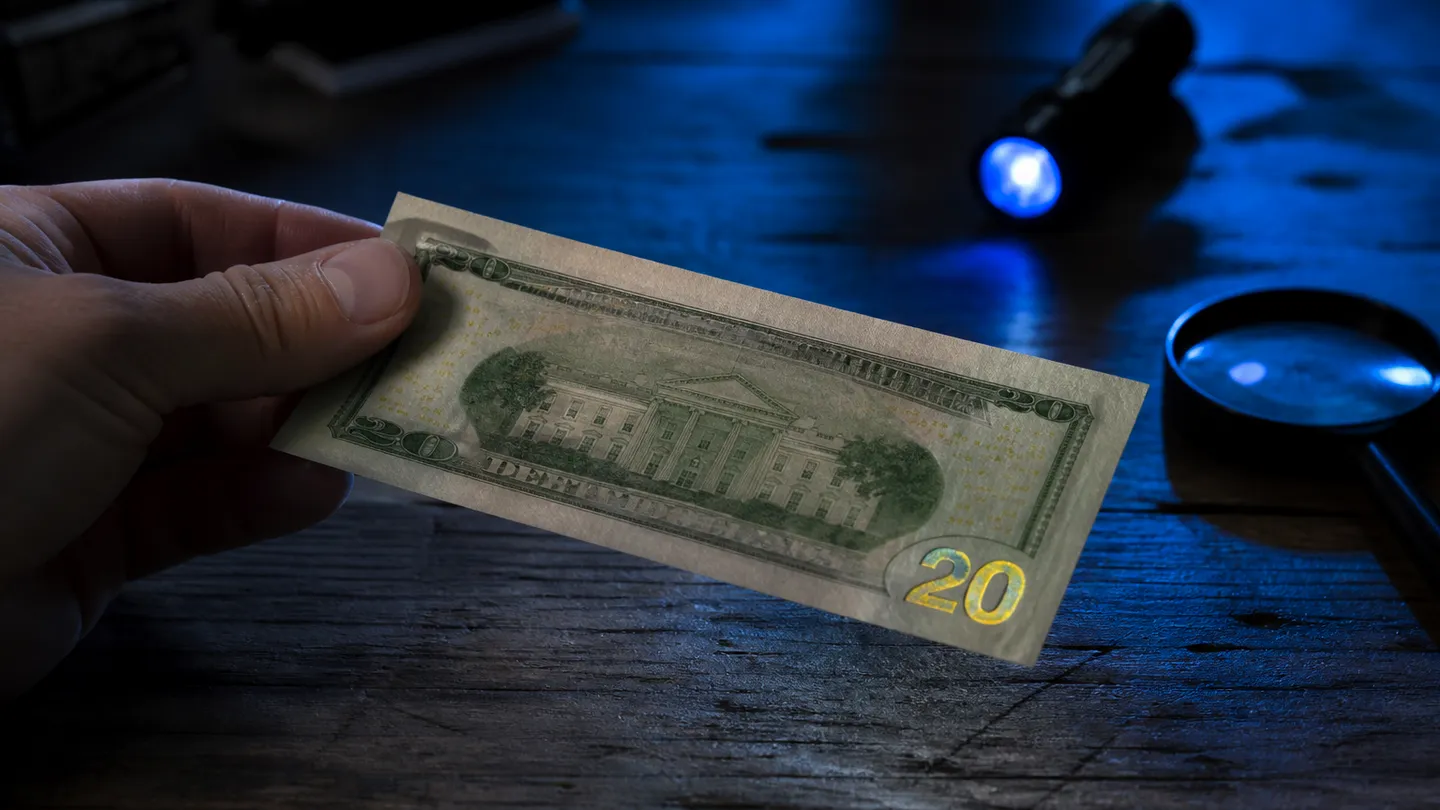A hand inspecting a genuine $20 bill with a UV light and magnifying glass on a wooden table.