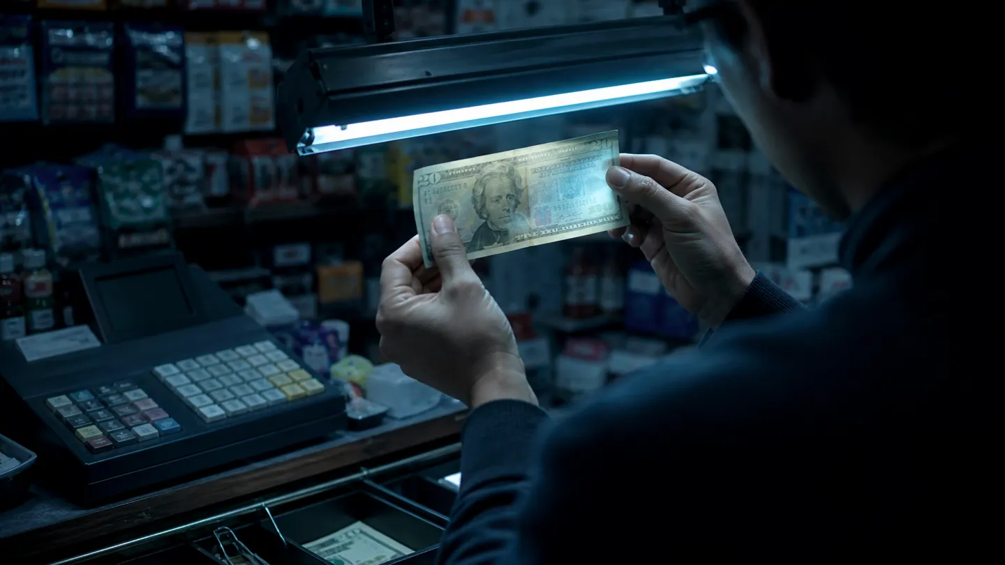 A person examining a $20 bill at a cash register under bright lights to identify potential counterfeit features.
