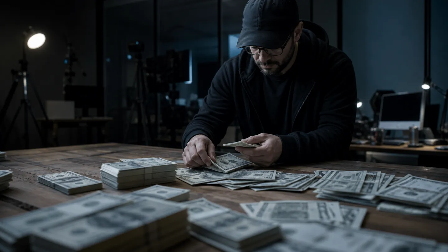 A filmmaker organizing realistic prop money on a table in a modern studio setting.